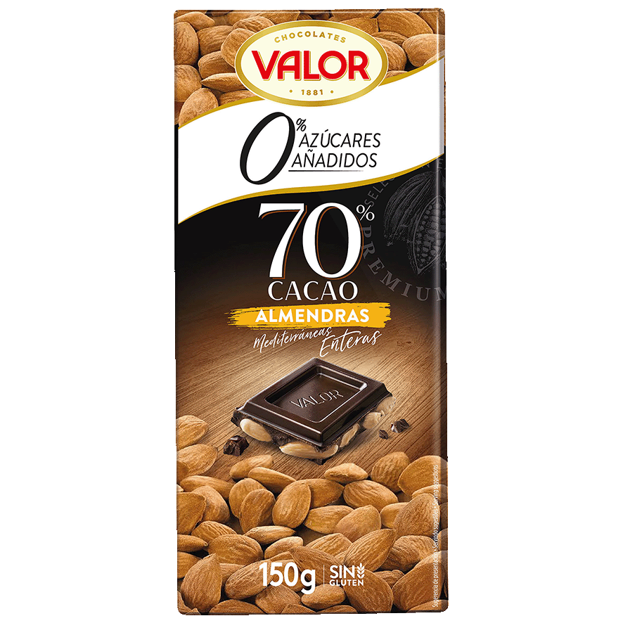 CHOCOLATE 70% CACAO CON ALMENDRAS 0% AZ 150 G.