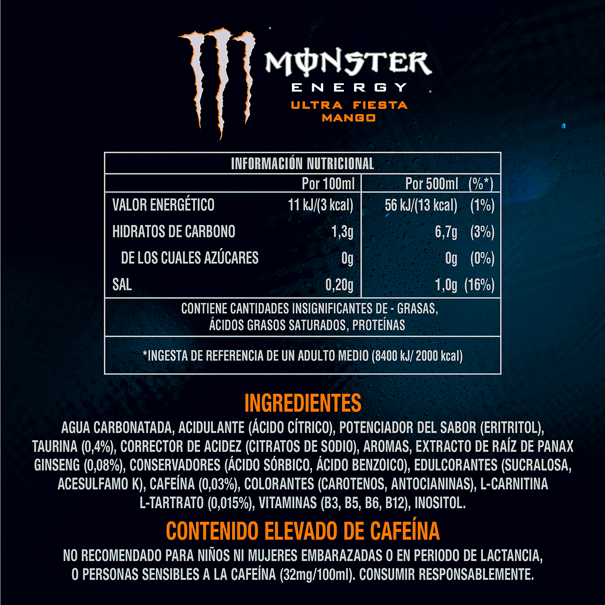 BEBIDA ENERG&Eacute;TICA ULTRAFIESTA MANGO ZERO 50 CL.