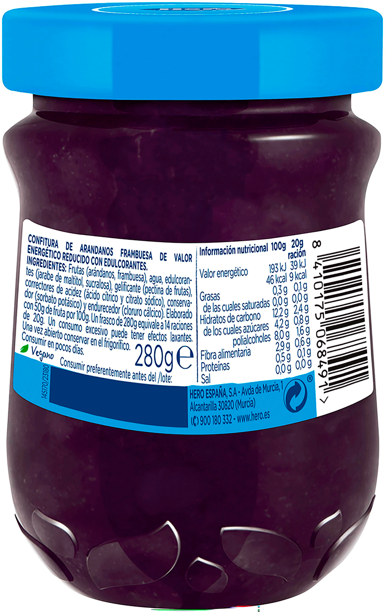 CONFITURA 0% DE AR&Aacute;NDANOS Y FRAMBUESAS 280 G.