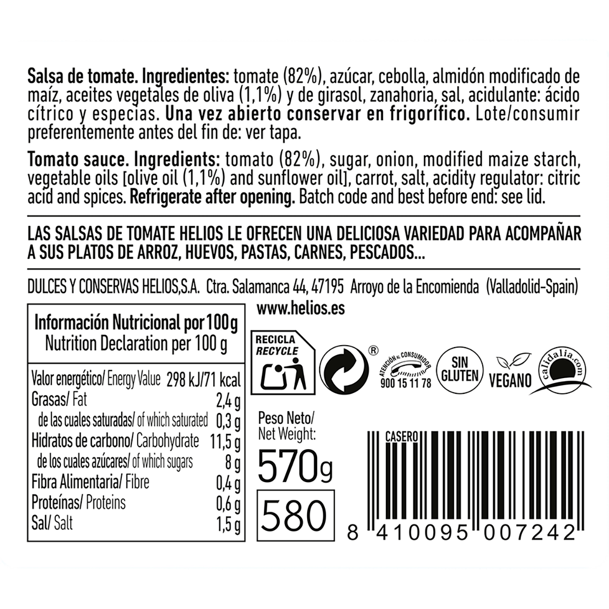 SALSA DE TOMATE CASERA 570 GRS.