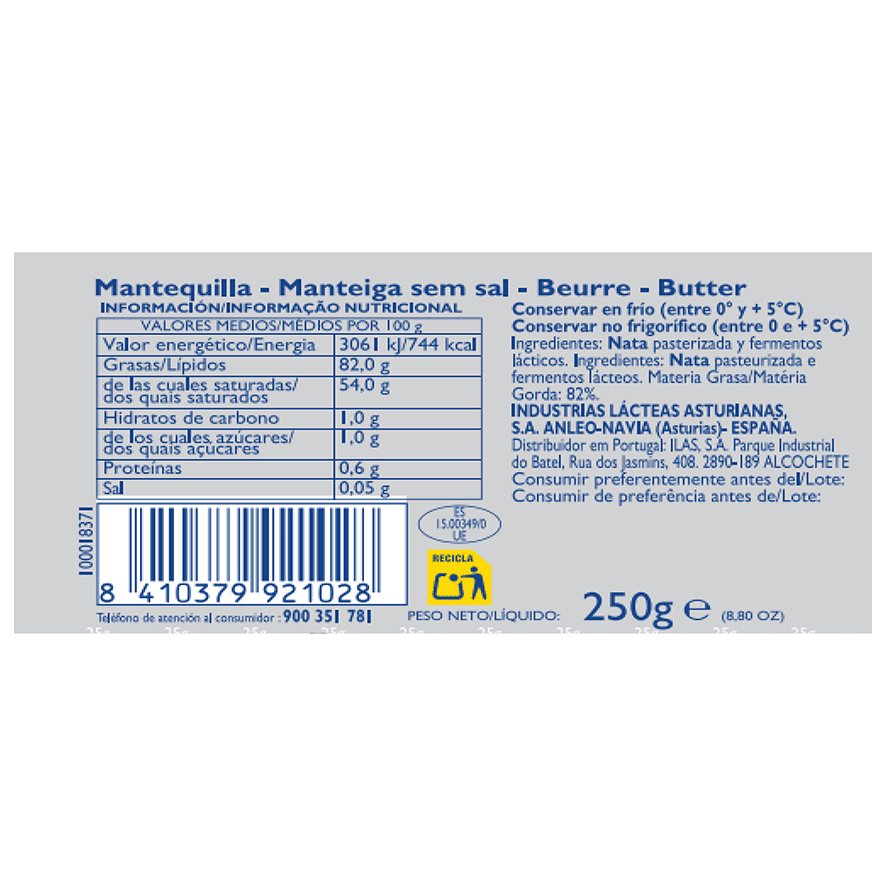 MANTEQUILLA TRADICIONAL SIN SAL PASTILLA 250 G.
