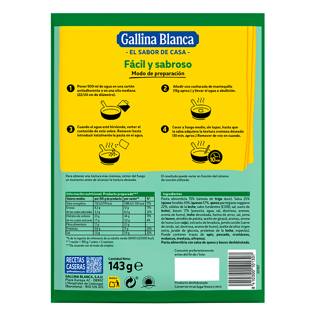 TALLARINES A LA CARBONARA 149 G.