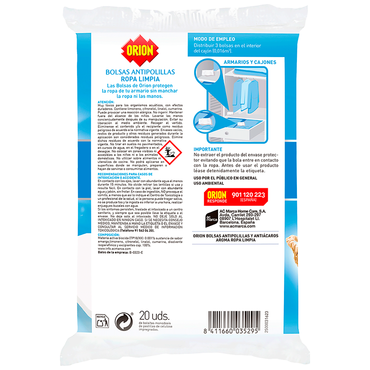 BOLSA ANTIPOLILLAS AROMA ROPA LIMPIA 20 UDS.