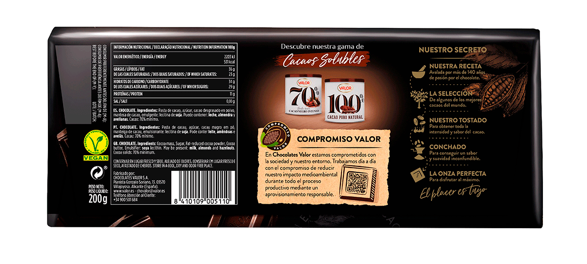 CHOCOLATE 70% NEGRO 200 G.