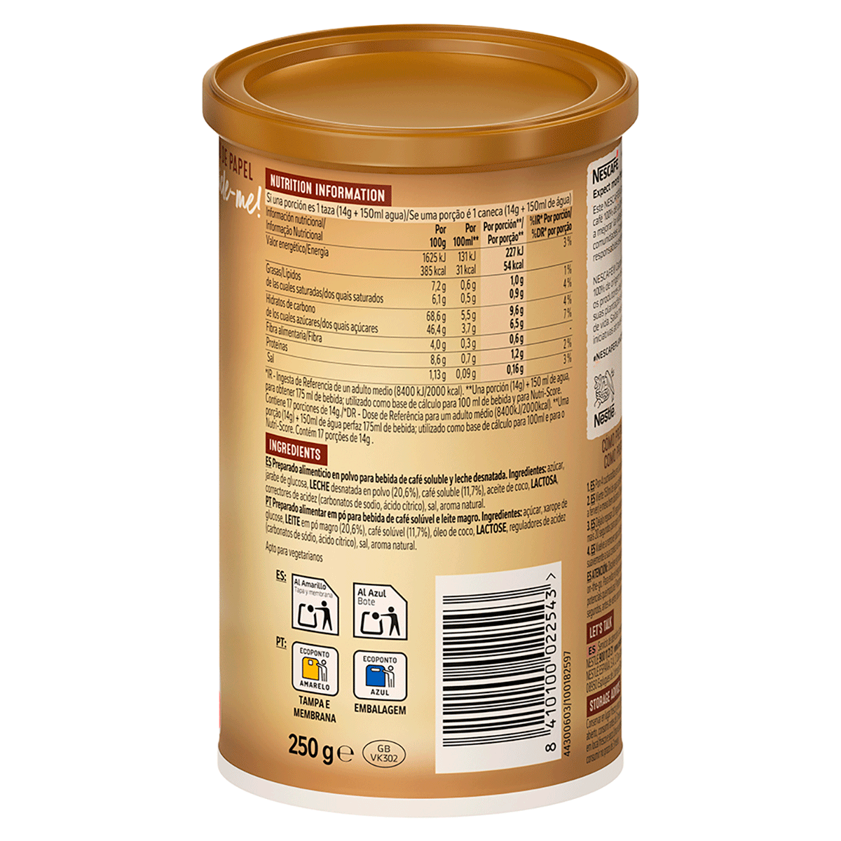 CAF&Eacute; SOLUBLE CAPPUCINO GOLD NATURAL 250 G.