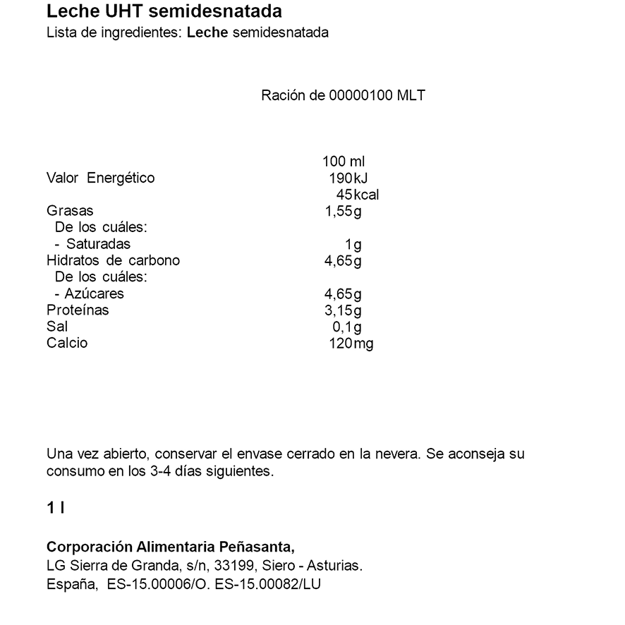 LECHE SEMIDESNATADA 1 LITRO