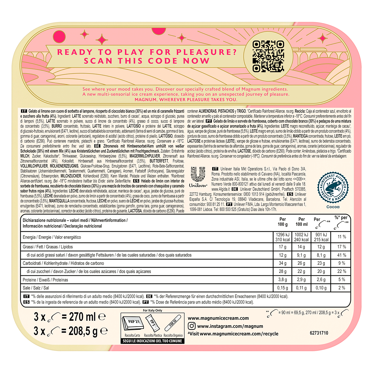 HELADO EUPHORIA PINK LEMONADE 69,5 G. PACK 3 UDS.
