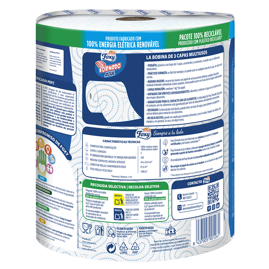 PAPEL DE COCINA TORNADO AZUL 3 CAPAS 1 ROLLO