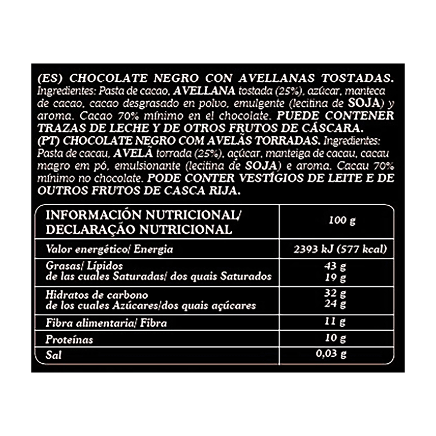 CHOCOLATE 70% CACAO CON AVELLANAS 200 G.