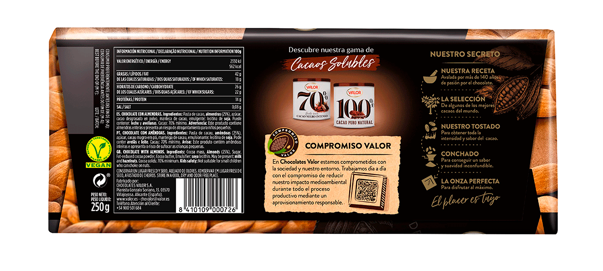 CHOCOLATE NEGRO 70% CON ALMENDRAS 250 G.