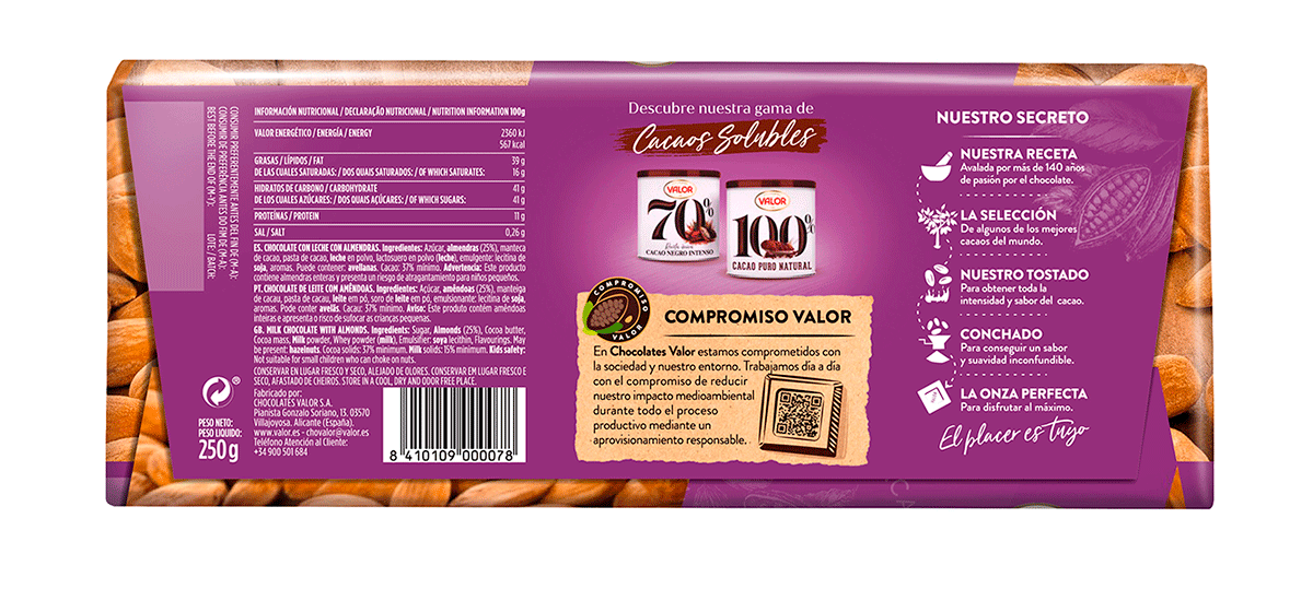 CHOCOLATE CON LECHE Y ALMENDRAS 250 G.