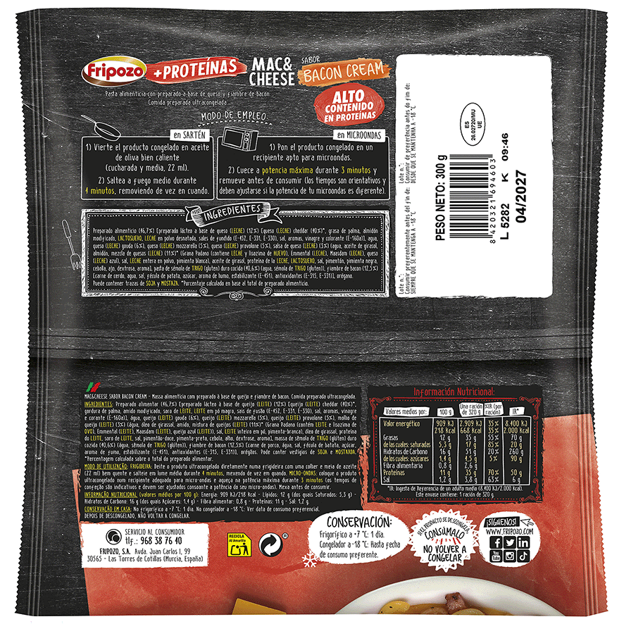 MAC&CHEESE +PROTEINAS SABOR BACON CREAM 300 G.