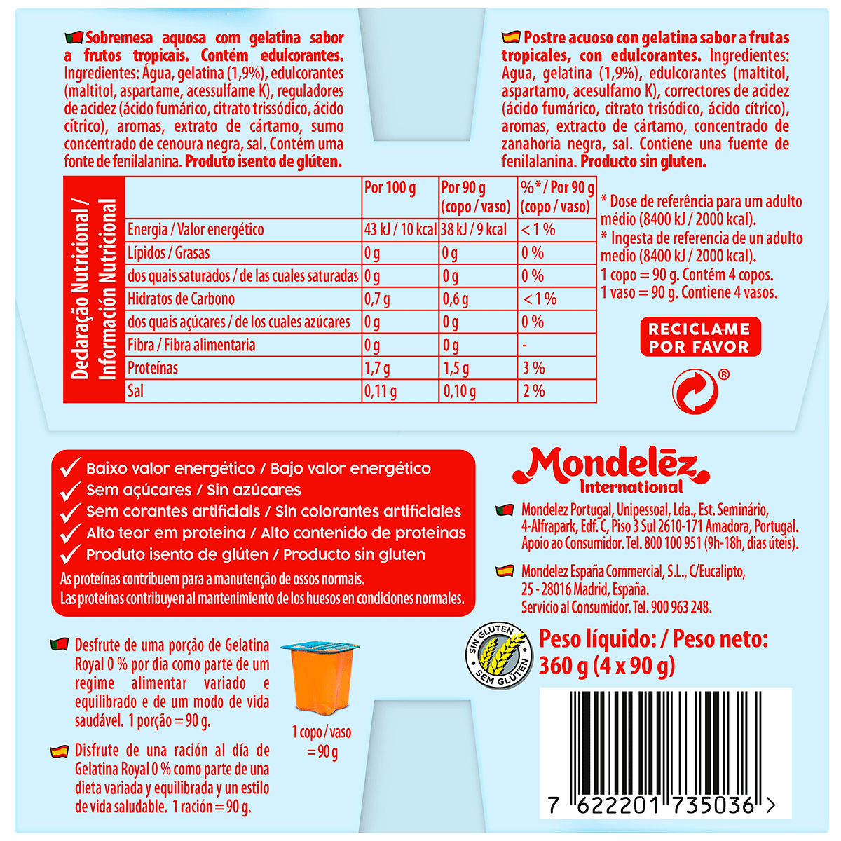 GELATINA SABOR TROPICAL 0% 90 G. PACK 4