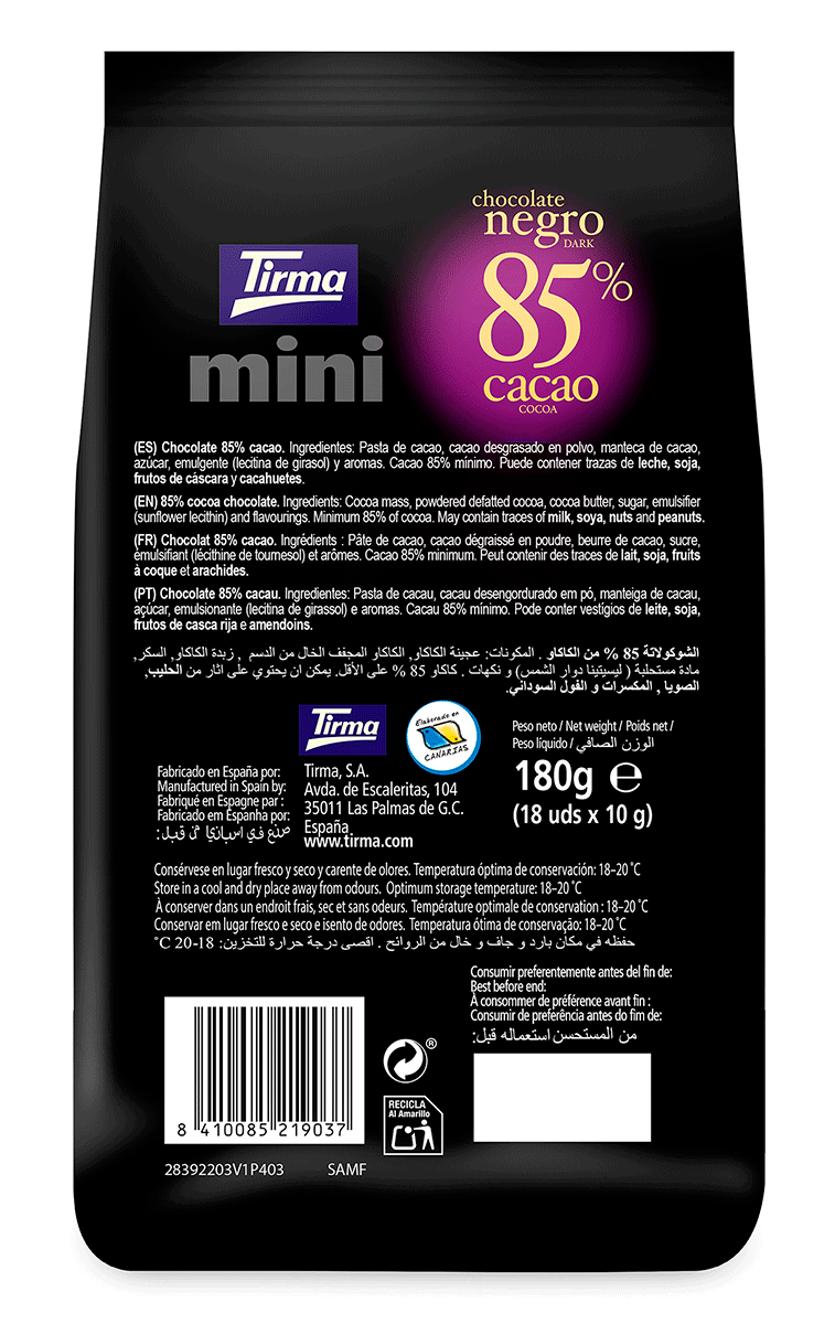MINI CHOCOLATE NEGRO 85% CACAO 180 G.
