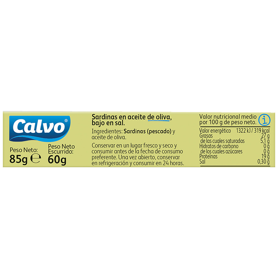 SARDINAS EN ACEITE DE OLIVA BAJO EN SAL 60 G.