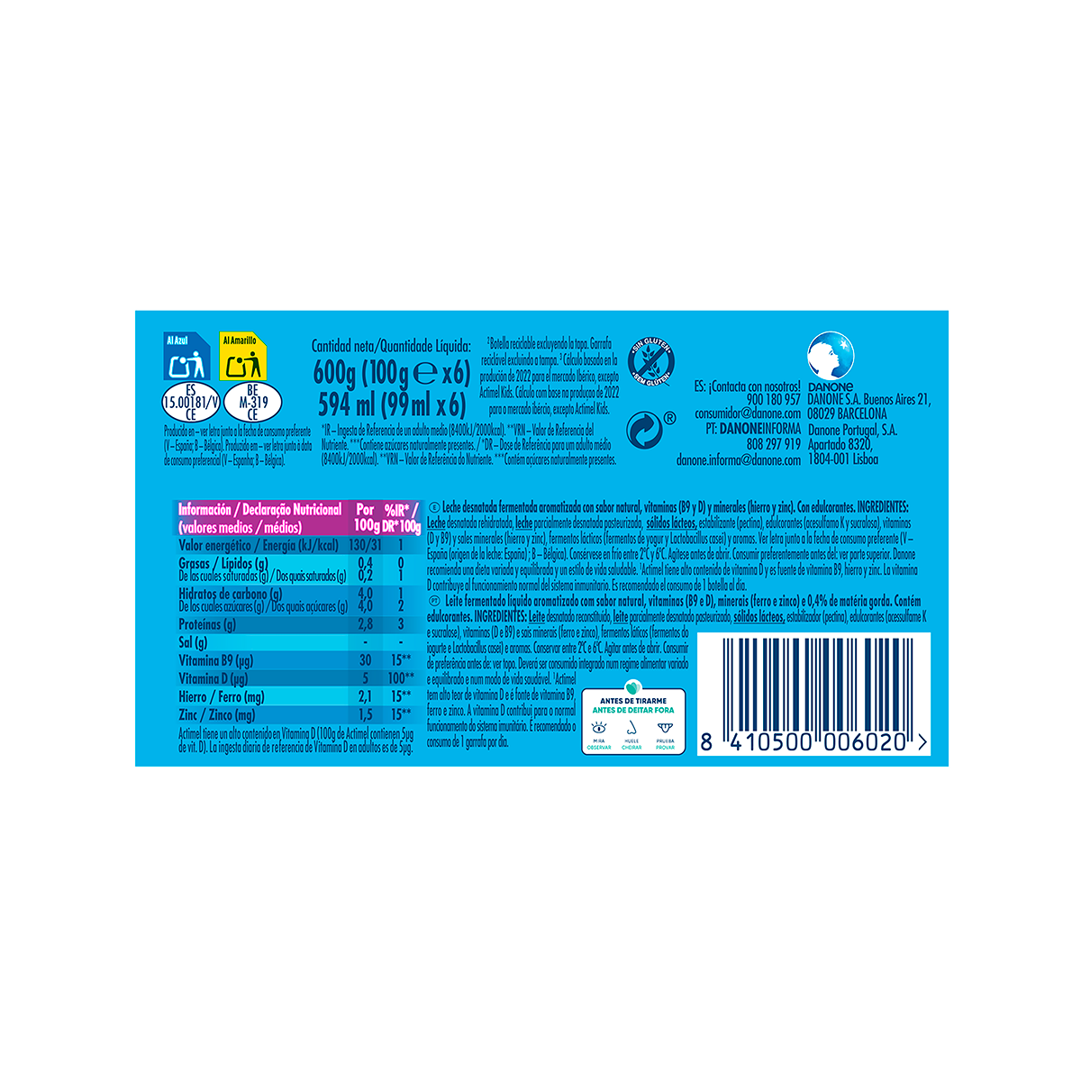 YOGUR LIQUIDO NATURAL 0% 100 G. PACK 6