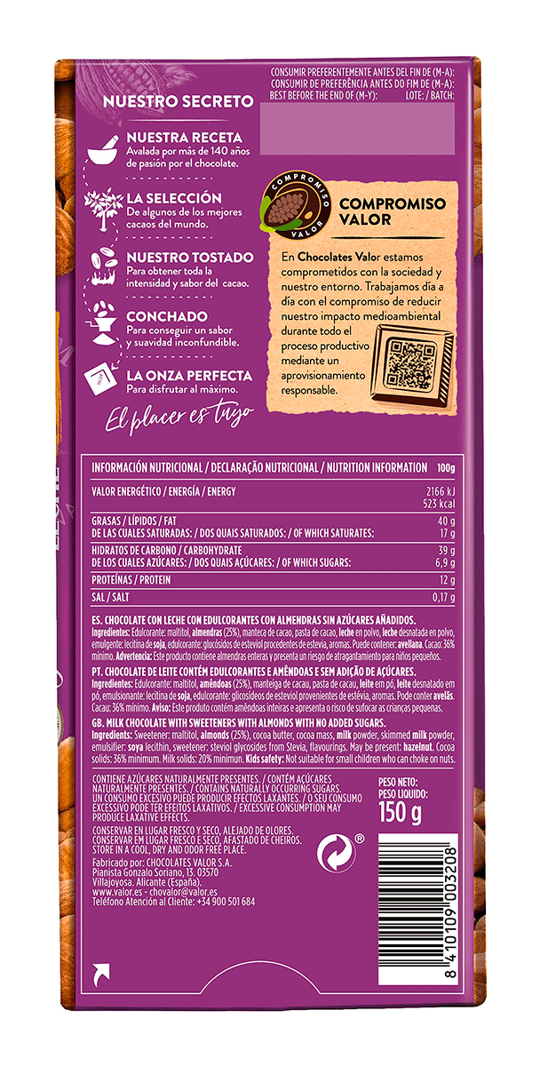 CHOCOLATE CON LECHE Y ALMENDRAS SIN AZ&Uacute;C 150 G.