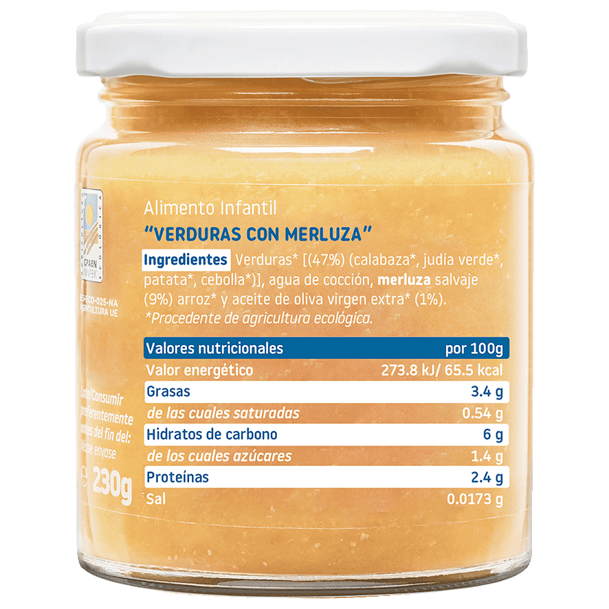 TARRITO ECOL&Oacute;GICO DE MERLUZA C/ VERDURAS 230 G.