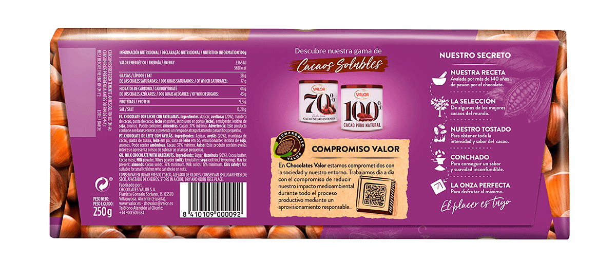 CHOCOLATE CON LECHE Y AVELLANAS 250 G.