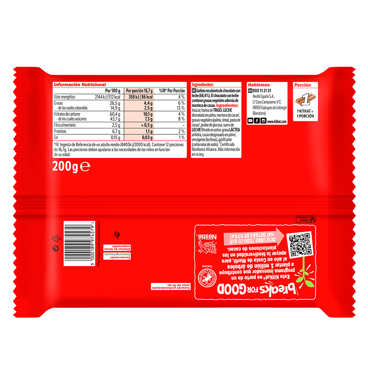 BARRITA CUBIERTA DE CHOCOLATE CON LECHE 200 G.