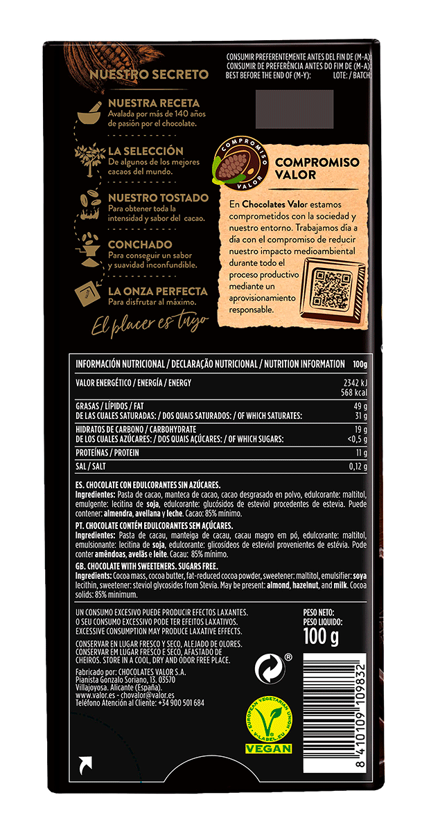 CHOCOLATE NEGRO 85% 0% AZ&Uacute;CAR 100 G.