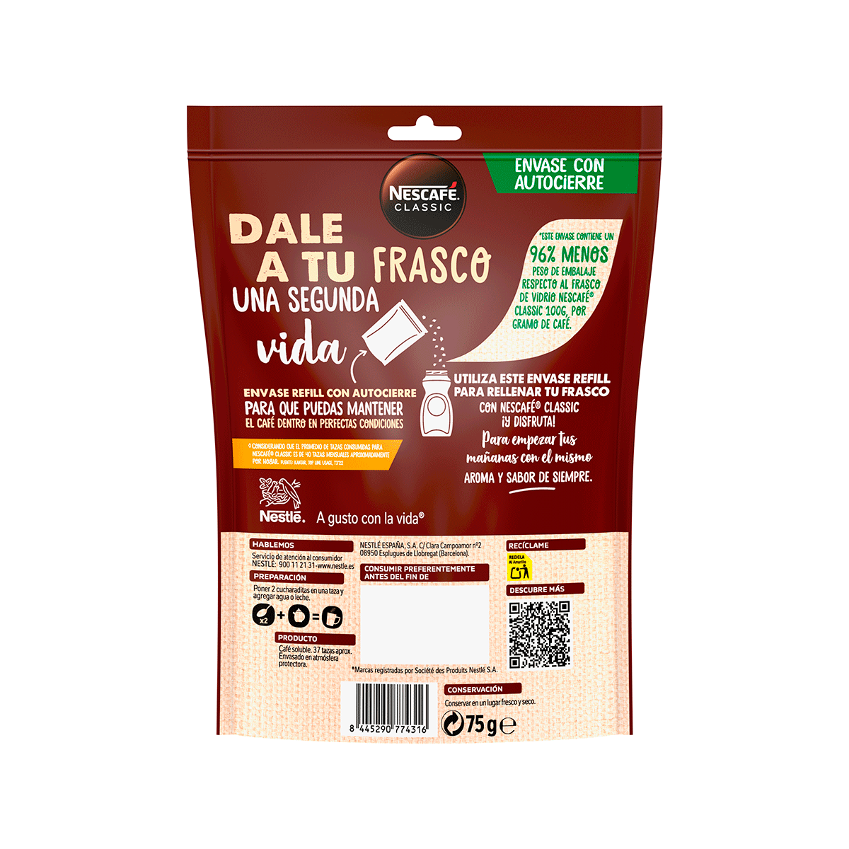 CAF&Eacute; SOLUBLE NATURAL RECARGA DE 75 G.