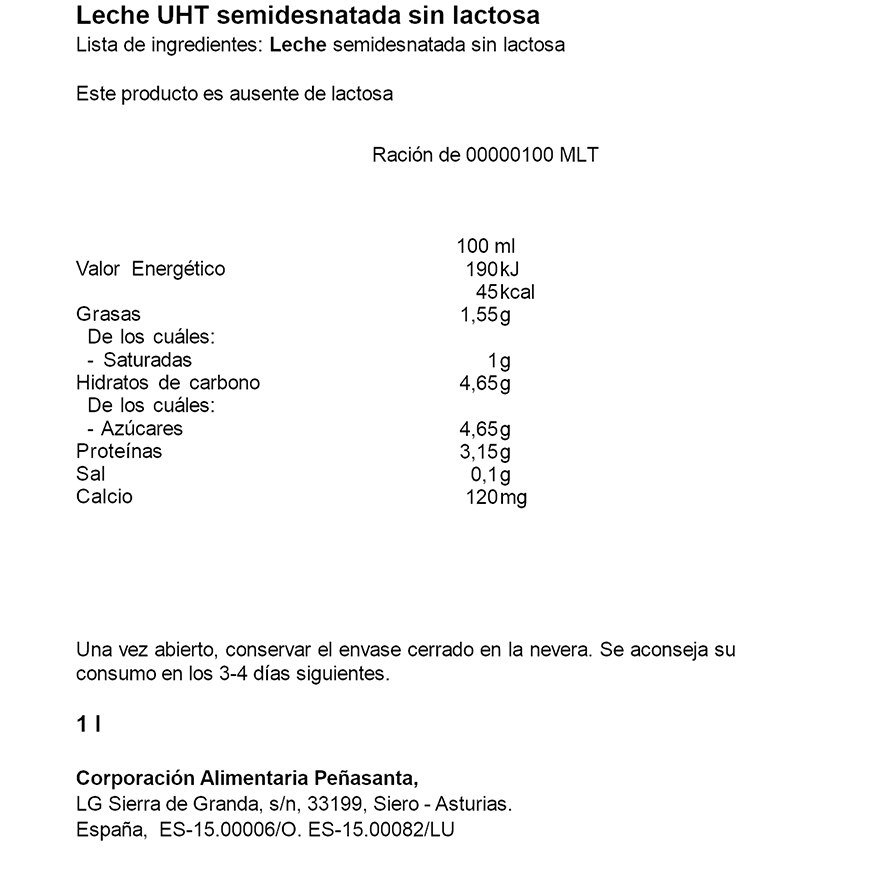 LECHE SEMIDESNATADA SIN LACTOSA 1 LITRO