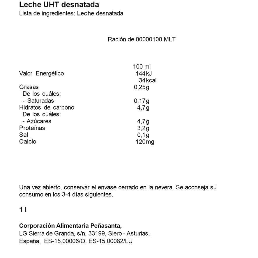 LECHE DESNATADA 1 LITRO