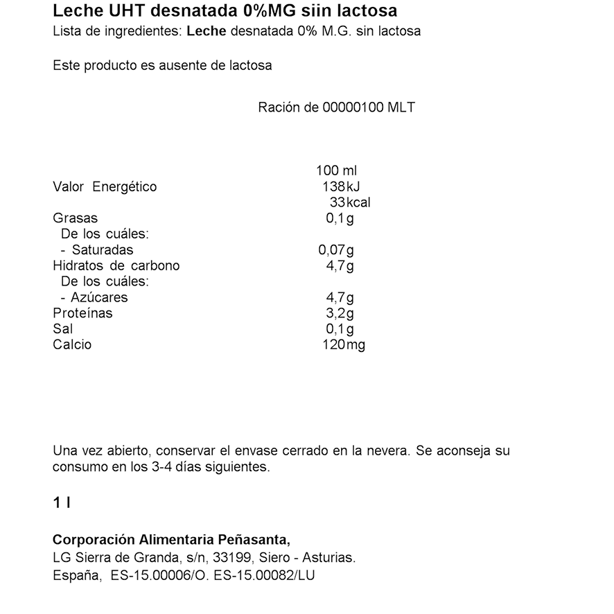 LECHE  SIN LACTOSA DESNATADA 0% 1 LITRO