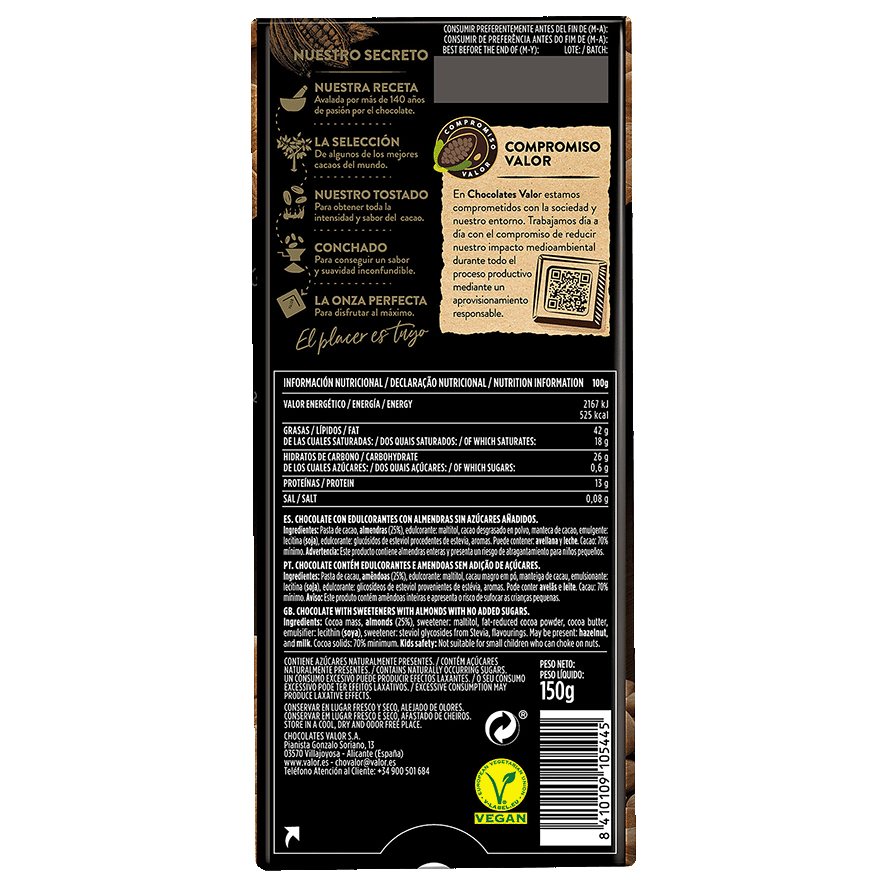 CHOCOLATE 70% CACAO CON ALMENDRAS 0% AZ 150 G.