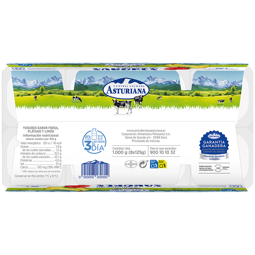 YOGUR DE FRESA, LIM&Oacute;N Y PL&Aacute;TANO 125 G. PACK 8