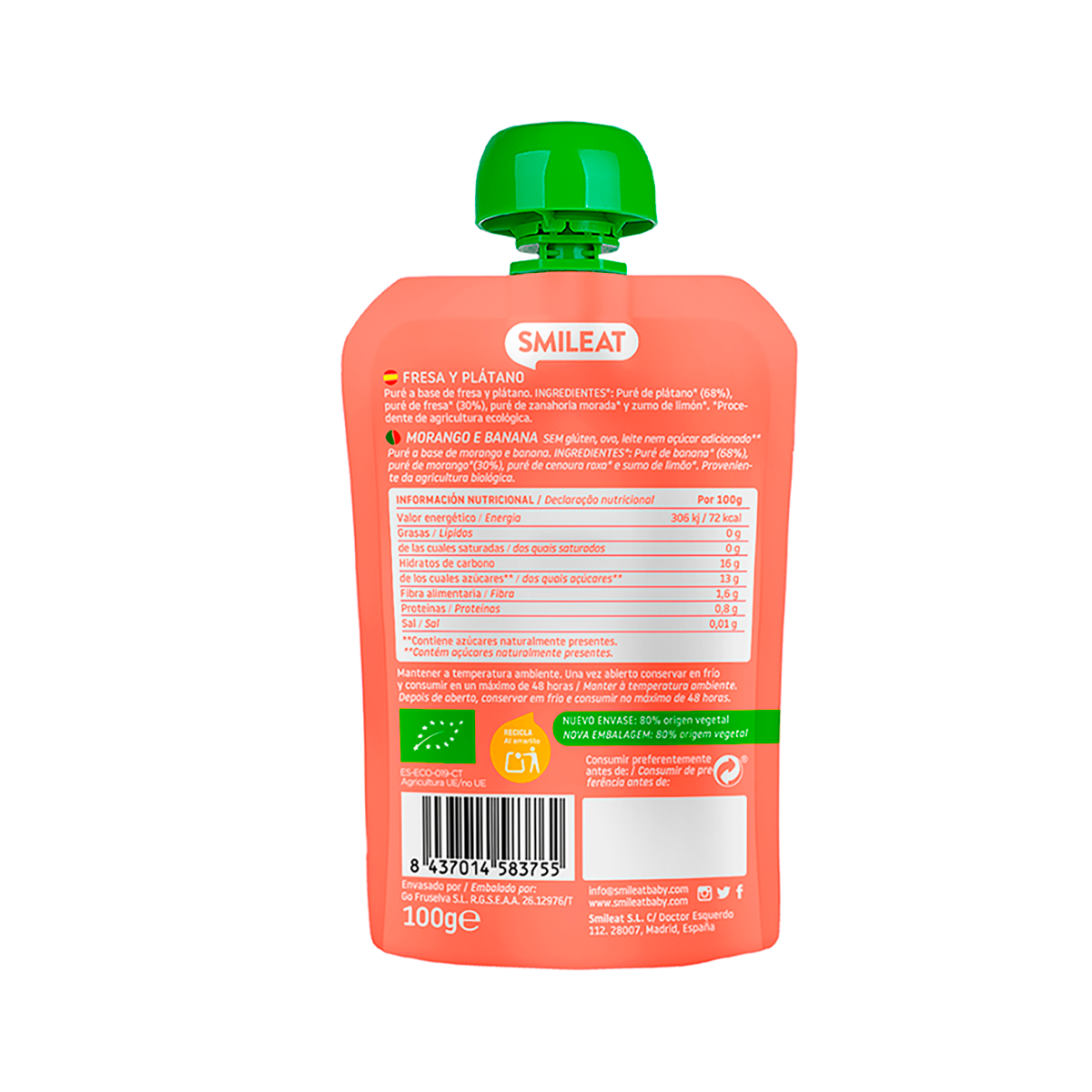 POUCH 100% BIO DE FRESA Y PL&Aacute;TANO 100 G.