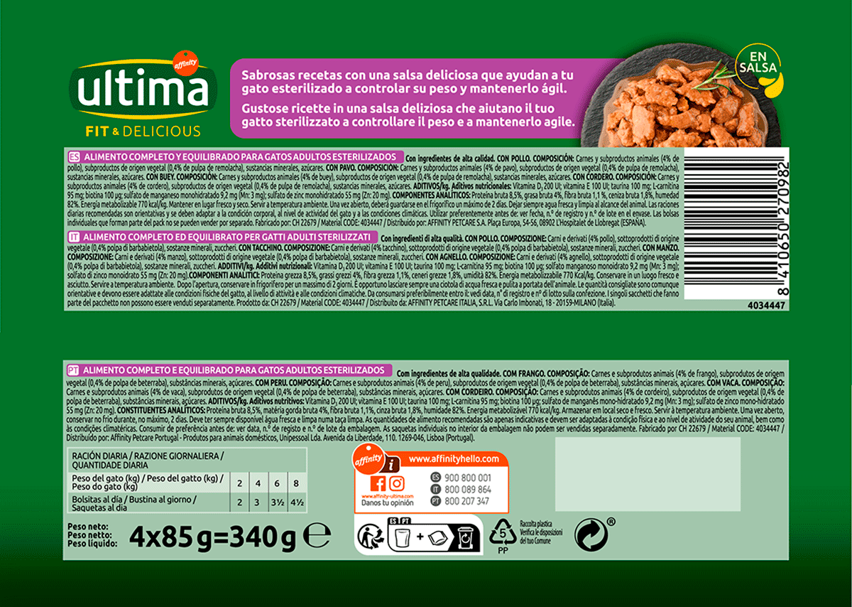 COMIDA DE CARNE PARA GATOS ESTERILIZADOS 340 G.