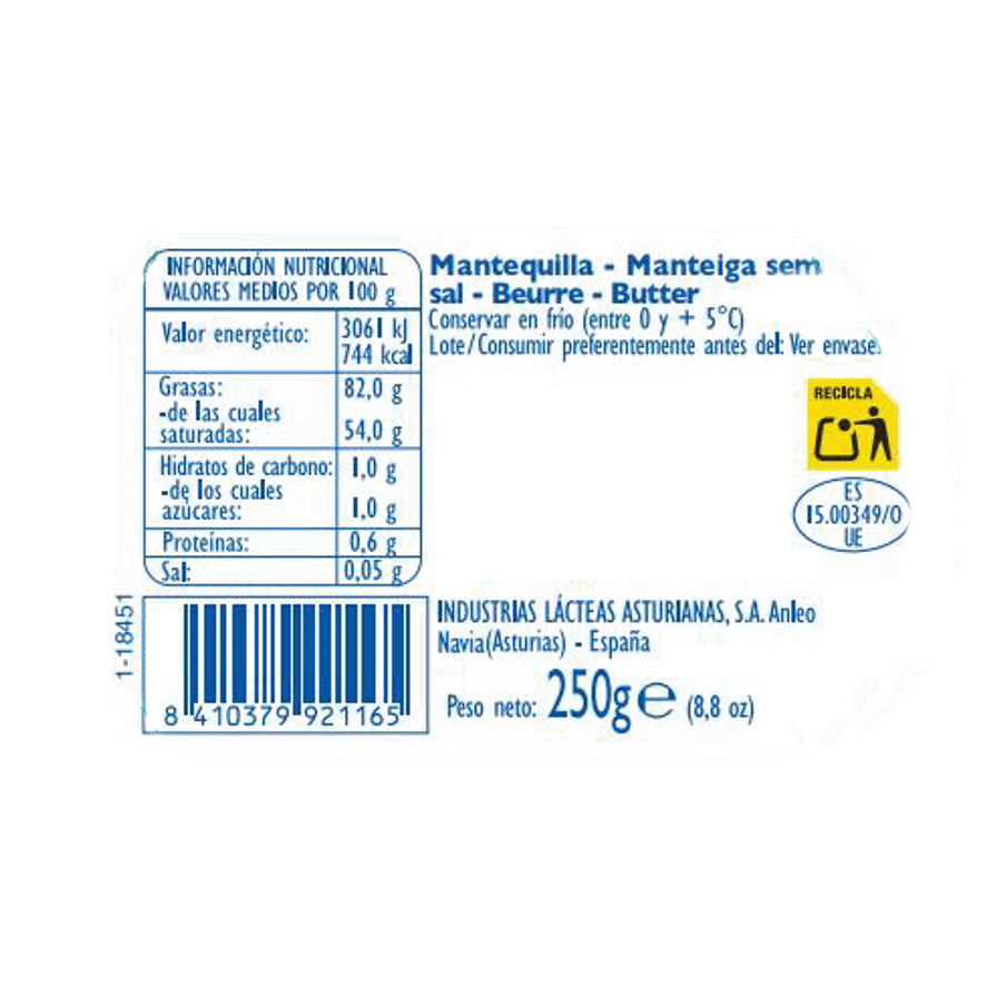 MANTEQUILLA TRADICIONAL BARQUETA SIN SAL 250 G.