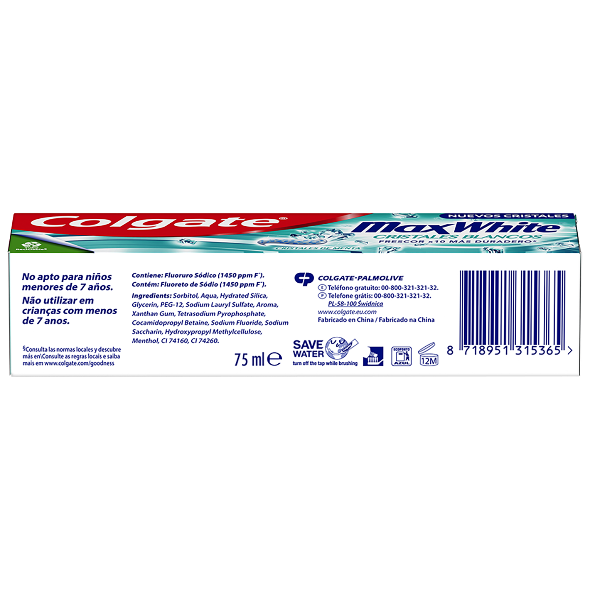 DENT&Iacute;FRICO MAX WHITE CRISTALES BLANCOS 75 ML.