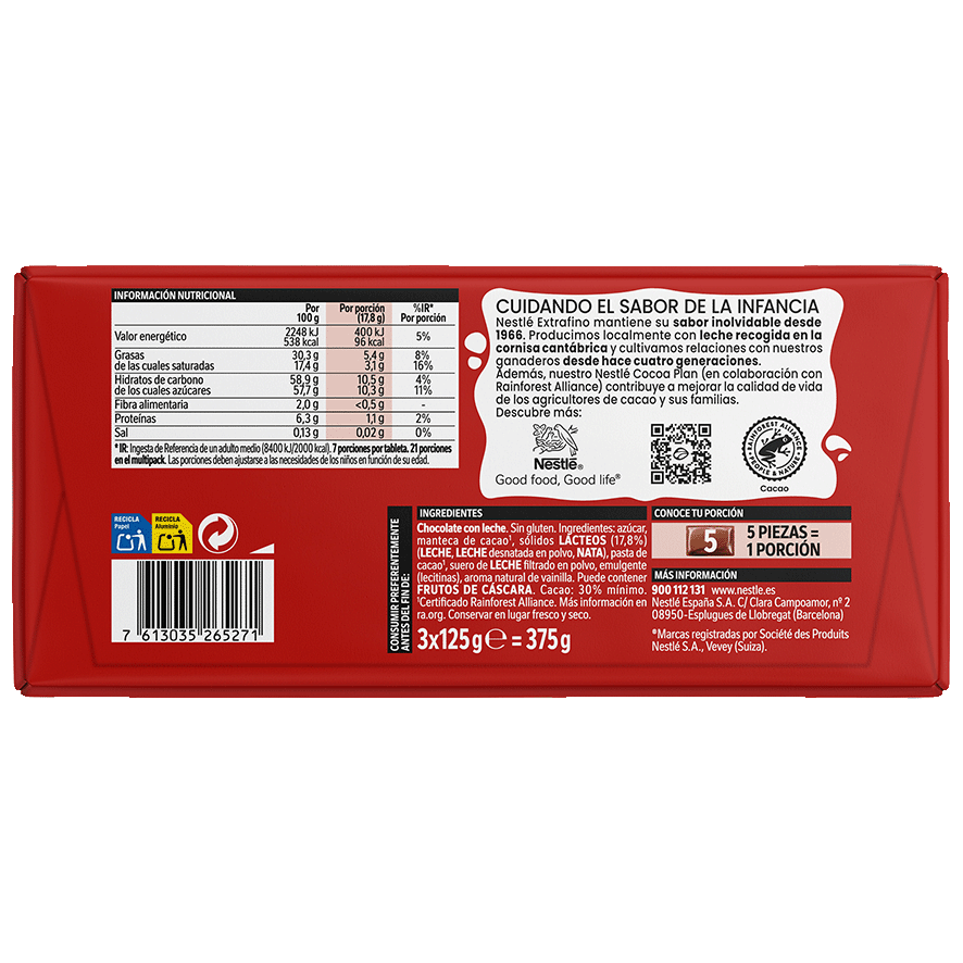 CHOCOLATE CON LECHE EXTRAFINO 125 G. PACK 3