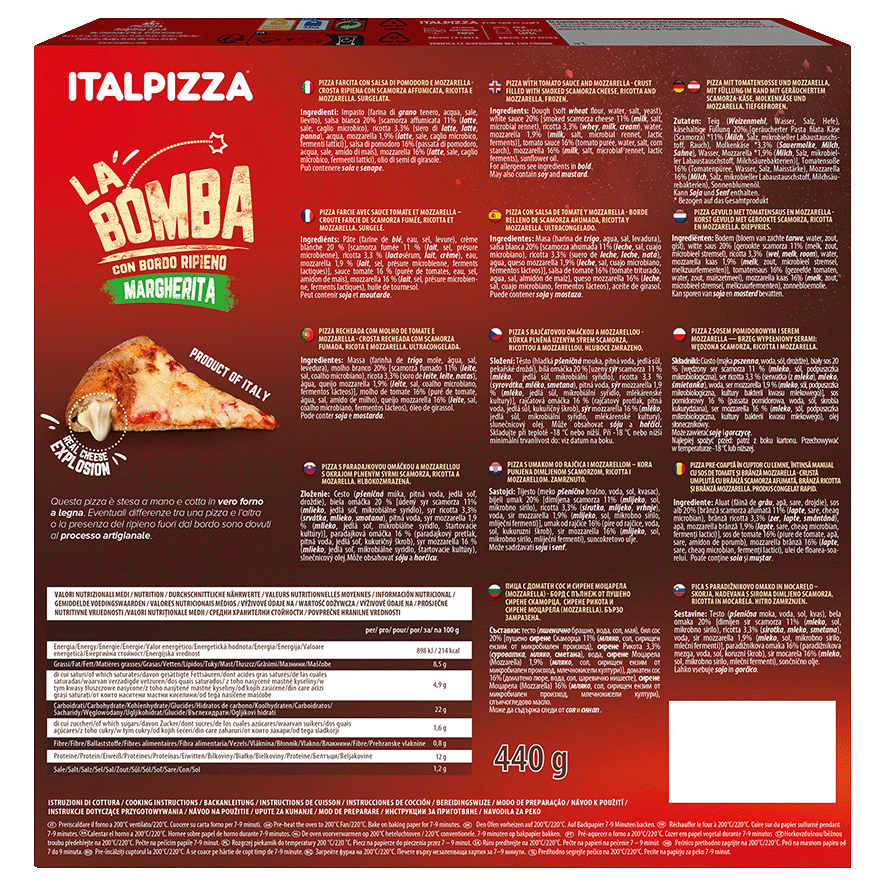 PIZZA MARGARITA LA BOMBA BORDE RELLENO 440 G.