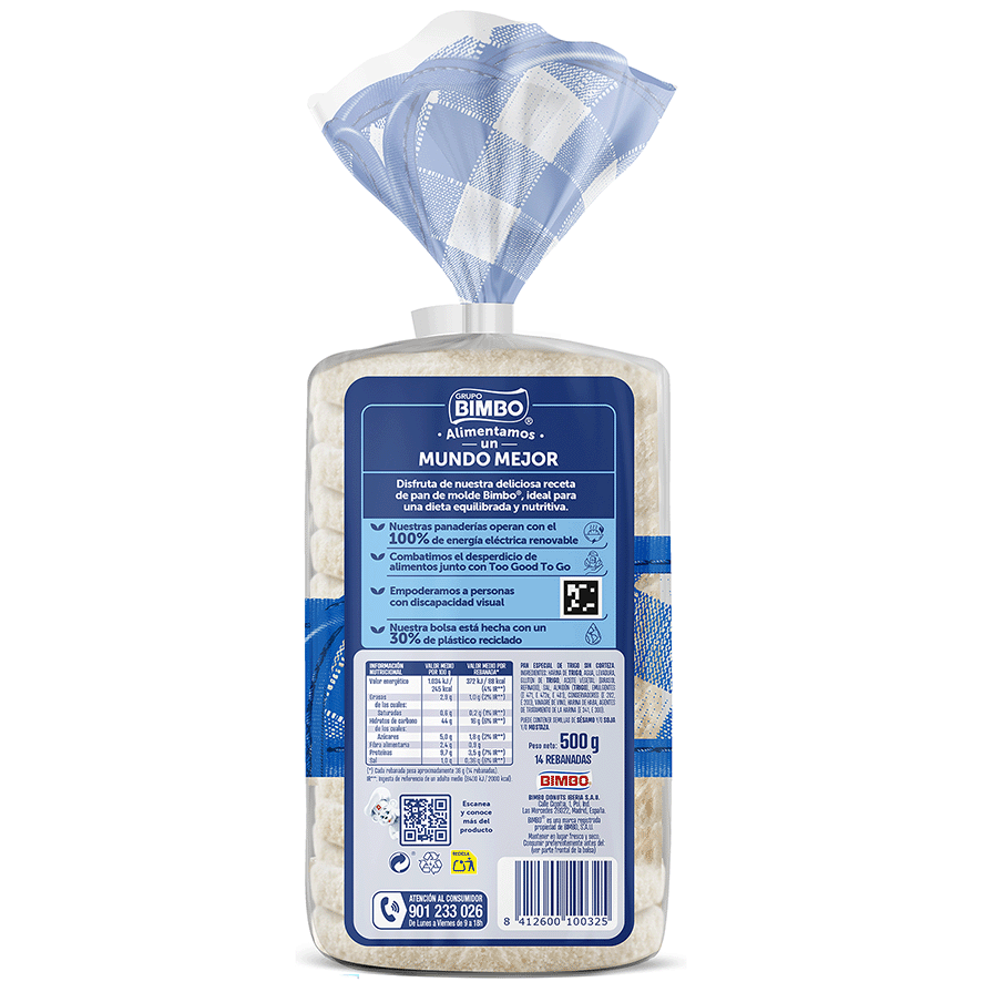 PAN DE MOLDE SIN CORTEZA 500 G.