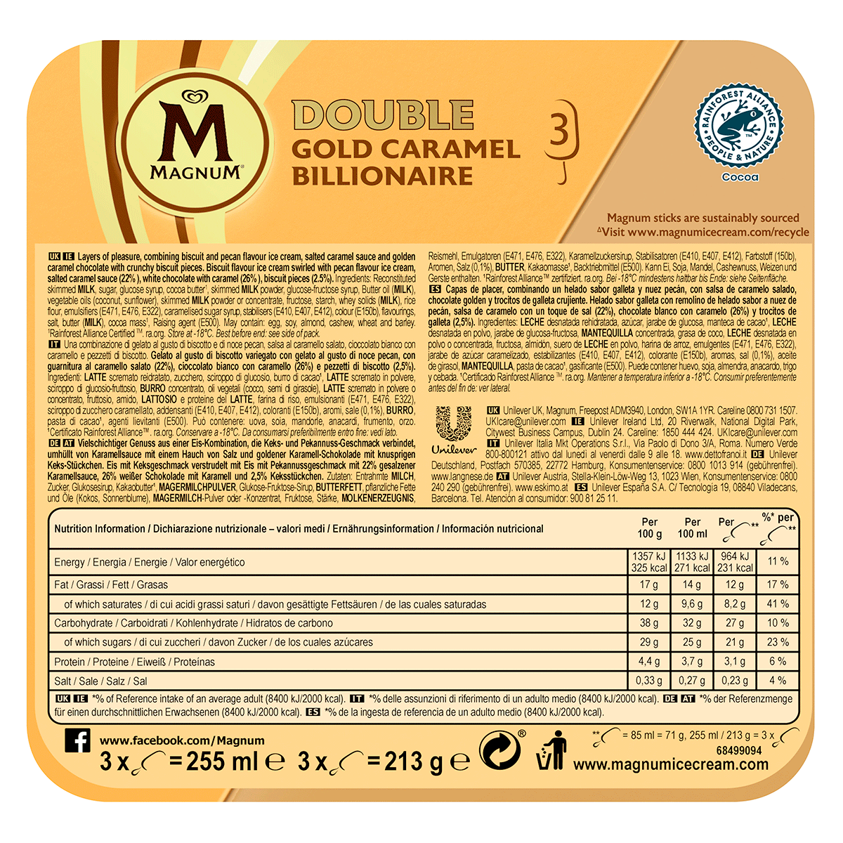 HELADO DOUBLE GOLD CARAMEL 71 G. PACK 3 UDS.