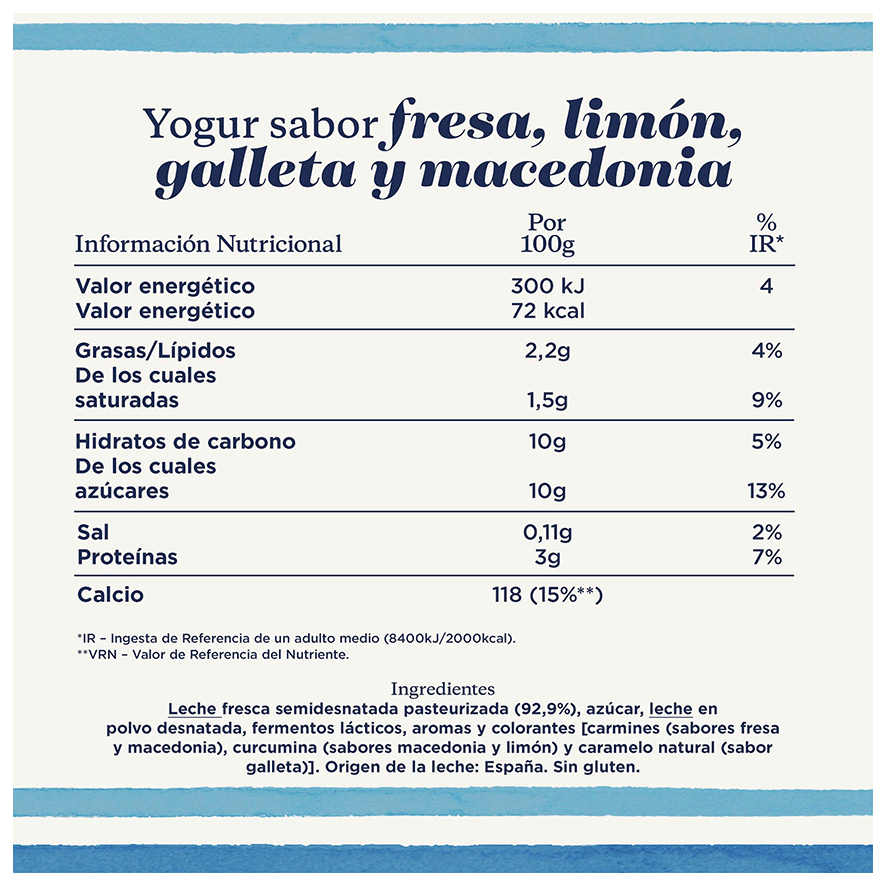 YOGUR FRESA, MACEDONIA, LIM&Oacute;N Y GALLETA 120 G. PACK 8