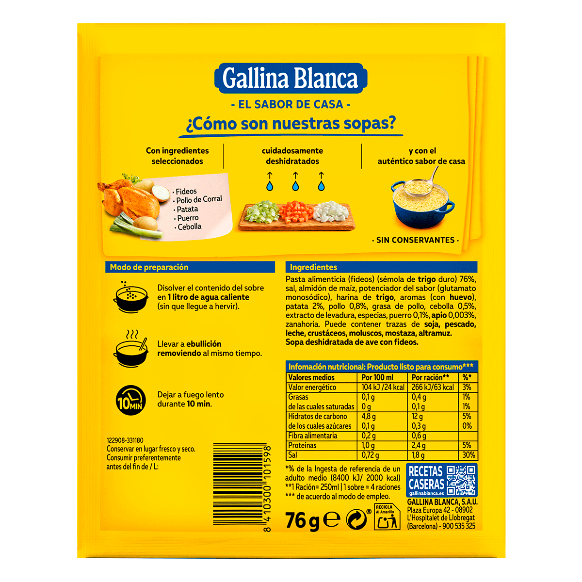 SOPA DE AVE CON FIDEOS 1 UNIDAD