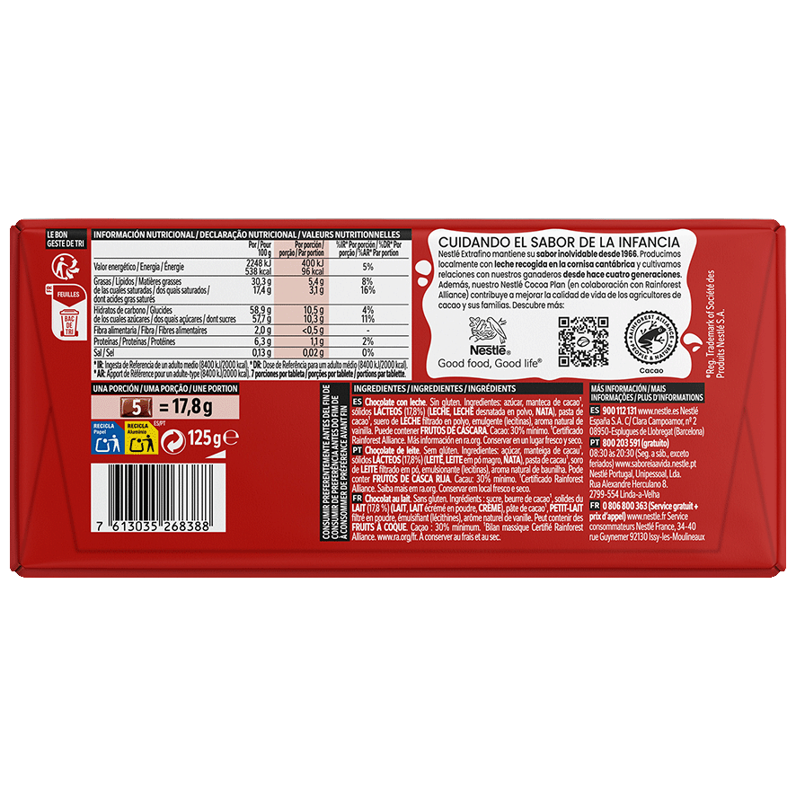 CHOCOLATE CON LECHE EXTRAFINO 125 G.