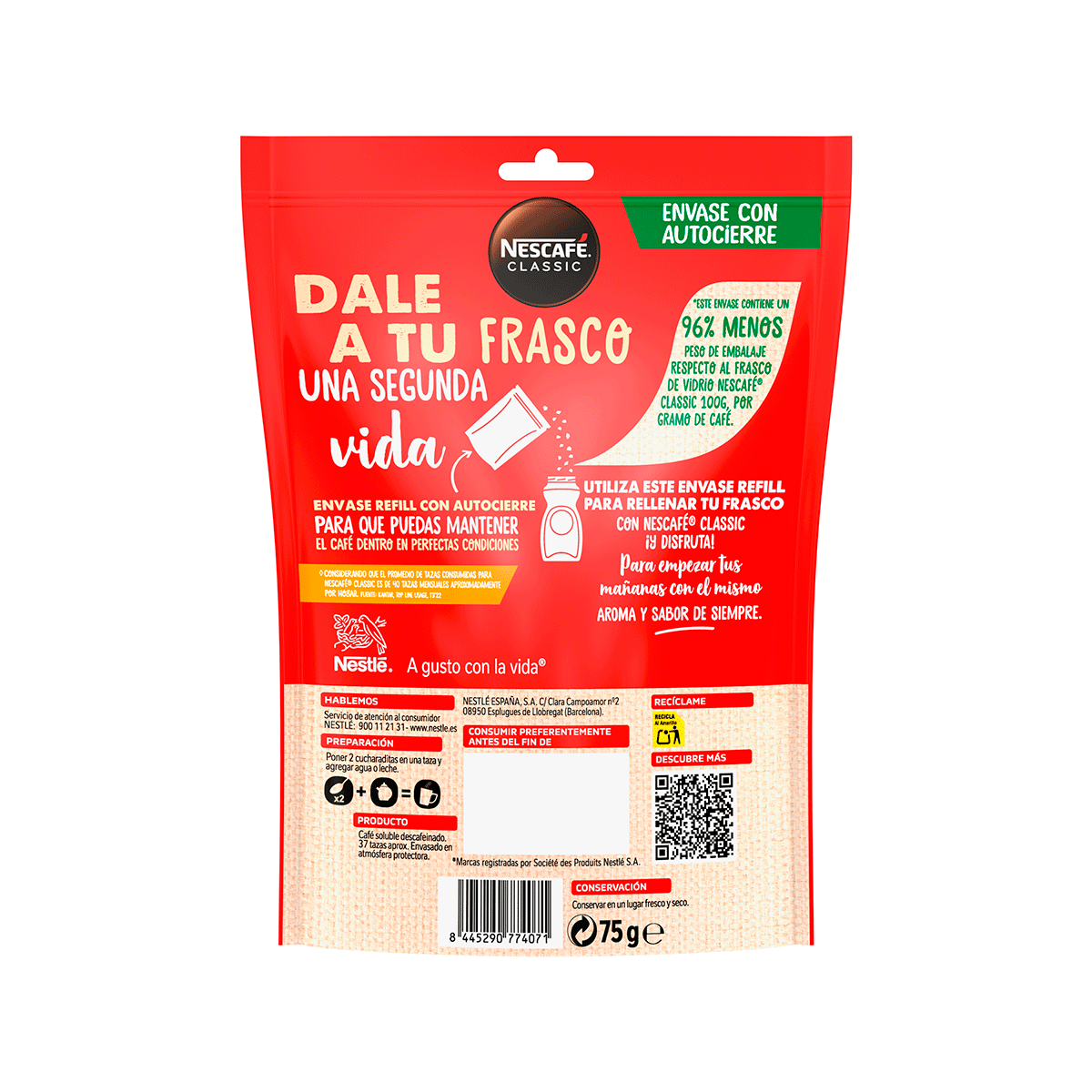 CAF&Eacute; SOLUBLE DESCAFEINADO RECARGA 75 G.