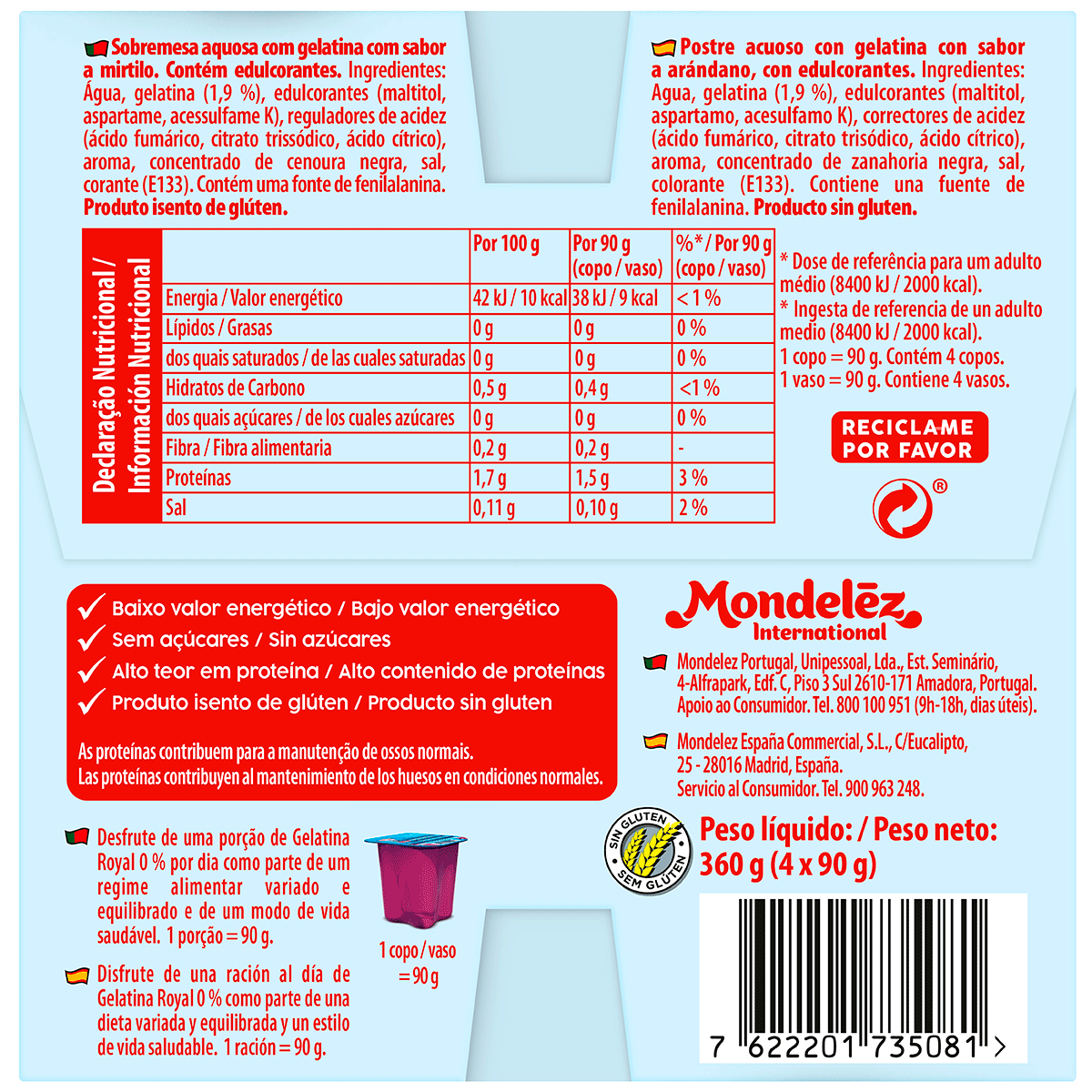 GELATINA AR&Aacute;NDANOS 0% AZ&Uacute;CAR A&Ntilde;ADIDO 90 G. PACK 4
