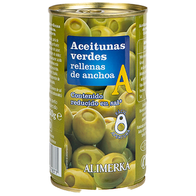 ACEITUNAS RELLENAS DE ANCHOA BAJO EN SAL 150 G.