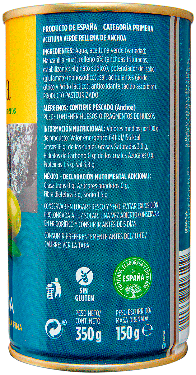 ACEITUNAS MANZANILLA RELLENAS DE ANCHOA 150 G.