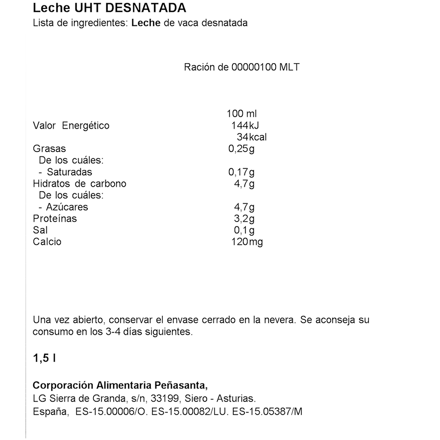 LECHE DESNATADA 1,5 LITROS