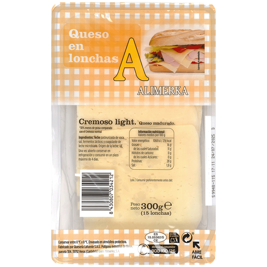 LONCHEADO DE QUESO CREMOSO LIGHT 300 G.