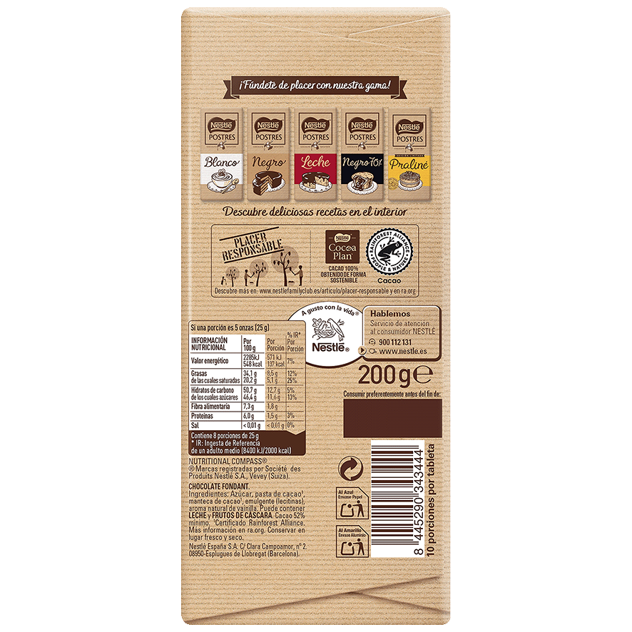 CHOCOLATE NEGRO PARA POSTRES 200 G.