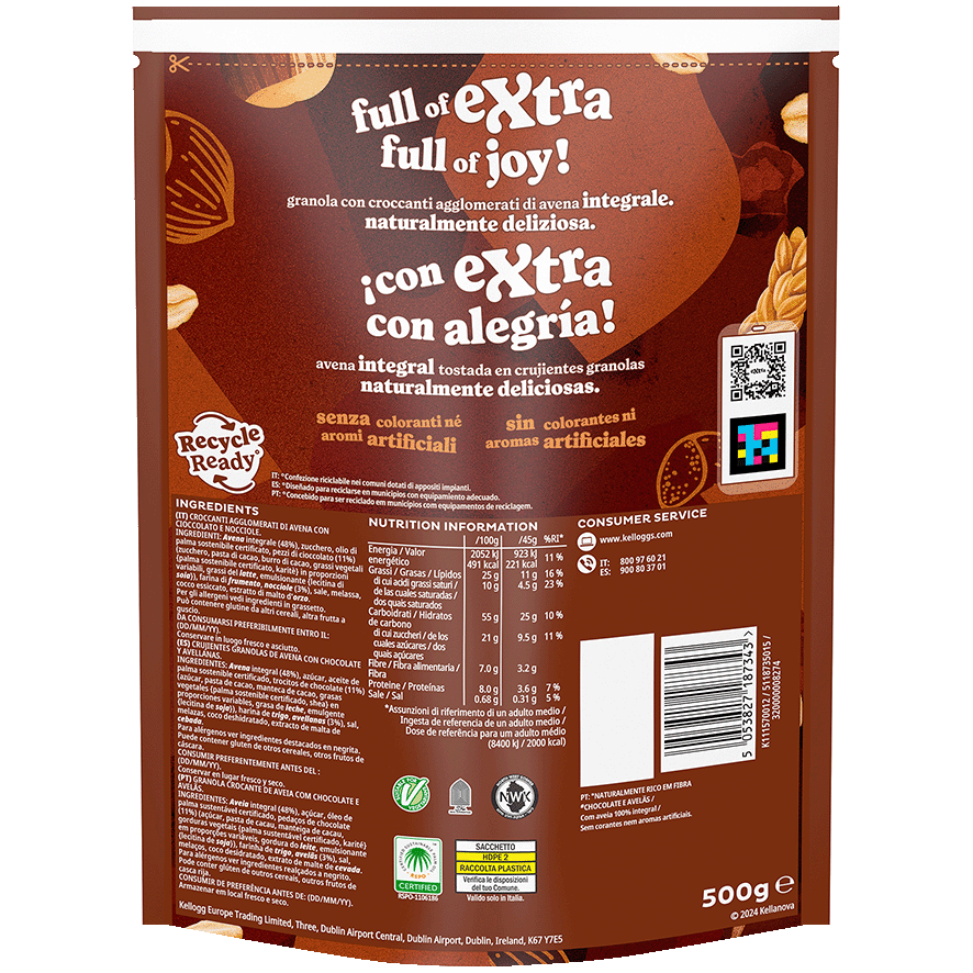 GRANOLA EXTRA CHOCOLATE Y AVELLANAS 375 G.